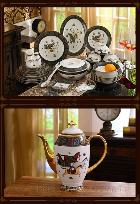 Porcelain Dinnerware Set Bone China God Horses Design Outline In Gold Dinnerware Sets Dinner Set ...