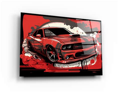 New Dodge Charger Red Cartoonistic Style Glass Wall Art - only $179.00 - Free Shipping - SplendFy