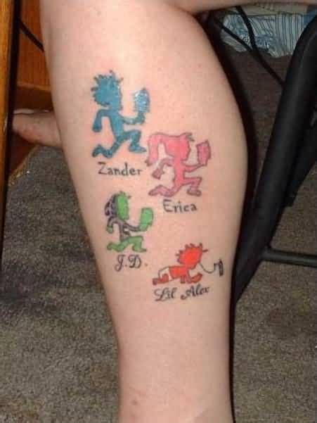 Colored Juggalo And Juggalette Tattoos On Leg