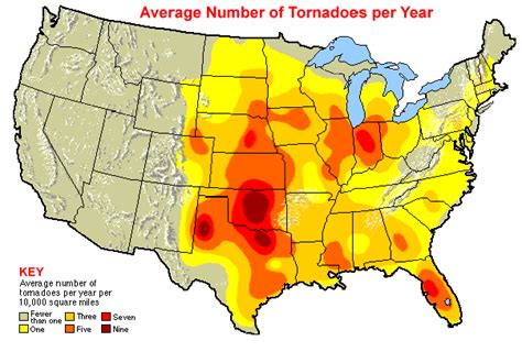 USA map showing the average number of tornadoes per year per 10,000 ...