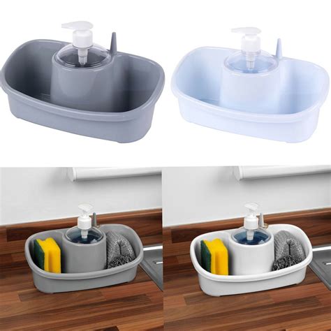 SINK CADDY WASHING UP LIQUID SOAP DISPENSER & SPONGE HOLDER PLASTIC ...