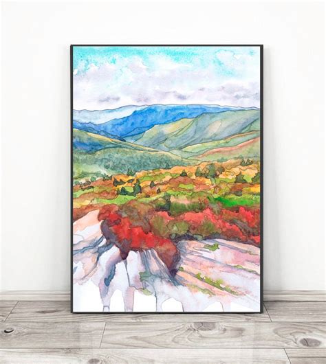 Blue Ridge Mountain Wall Art Watercolor Landscape Painting Oregon Print Appalachian Trail ...