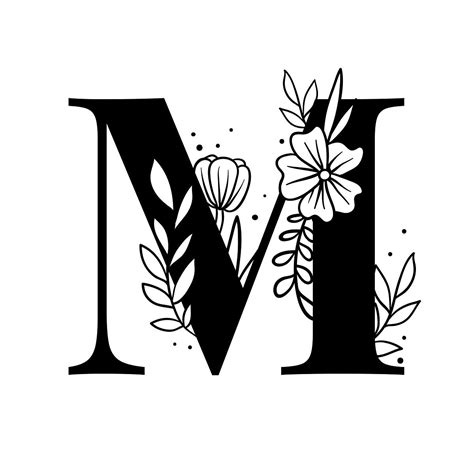 the letter m with flowers and leaves is shown in black on an isolated ...