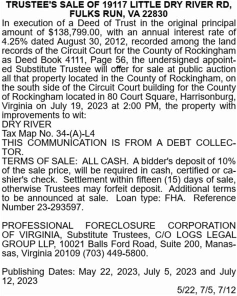 [2023-07-19] 19117 Little Dry River Road, Fulks Run, VA : Harrisonburg Foreclosures