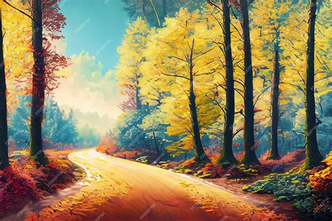 Premium AI Image | A painting of a forest road with a bright yellow tree.