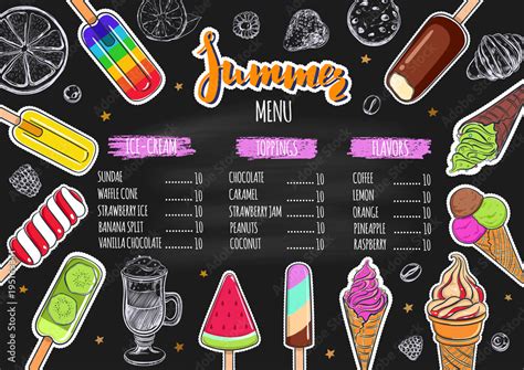 Summer ice cream menu. Vector hand drawn illustration. Design template for restaurant and cafe ...