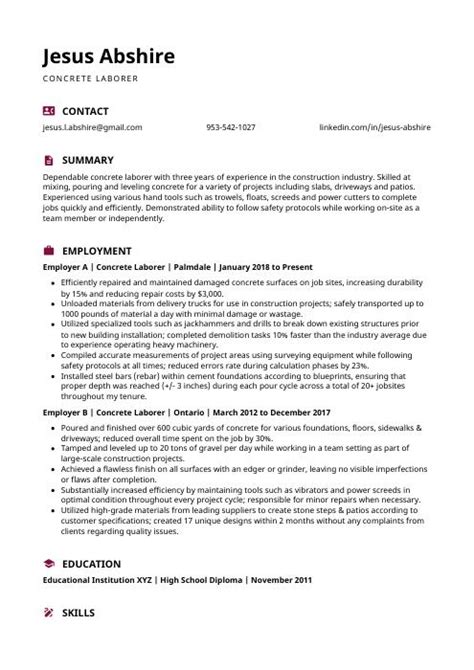 Concrete Laborer Resume (CV) Example and Writing Guide