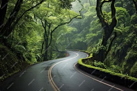 Premium AI Image | a road in the forest with a yellow line on the left ...