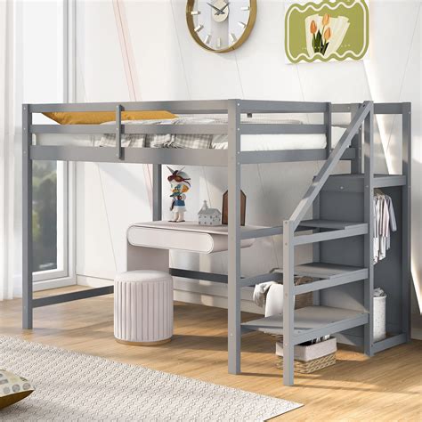 Buy MOEO Full Size Loft Bed with Built-in Storage Wardrobe and ...