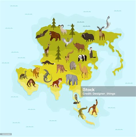 Map Of Asia With Different Animal Funny Cartoon Banner For Children With The Continent Ocean And ...