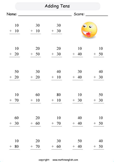 Adding whole tens math addition worksheet for grade 1 math addition students.