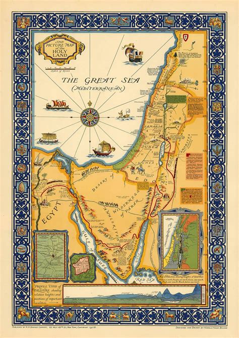 Picturw Map of the Holy Land Great Sea Classic Vintage Retro Kraft ...