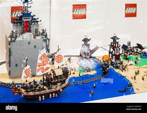 Barcelona, Spain - Nov 2017: Multiple Lego pirates scenery in the showcase window of toy store ...