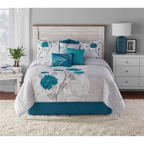 Mainstays 7-Piece Teal Roses Comforter Set, King - Walmart.com ...