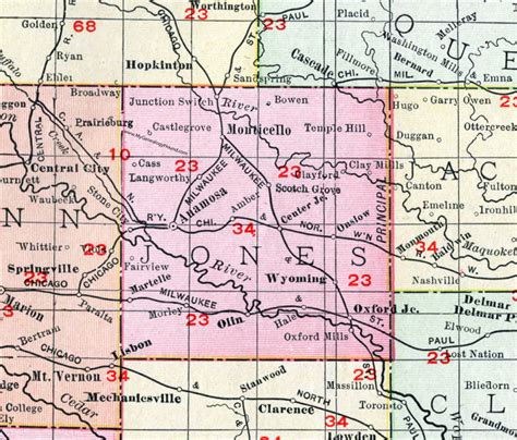 Jones County, Iowa, 1911, Map, Anamosa, Monticello, Wyoming, Oxford ...