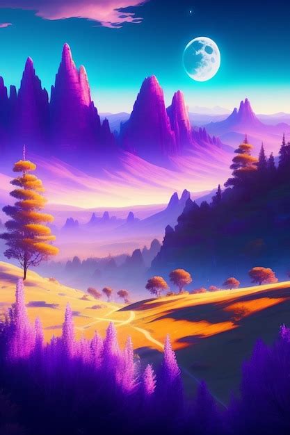 Premium AI Image | A painting of a mountain lake with a purple sky and the moon above it.