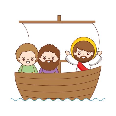 Jesús con dibujos animados de discípulos en el barco. ilustración ...