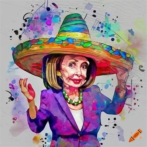 Cartoon nancy pelosi dancing with a sombrero and music notes on Craiyon