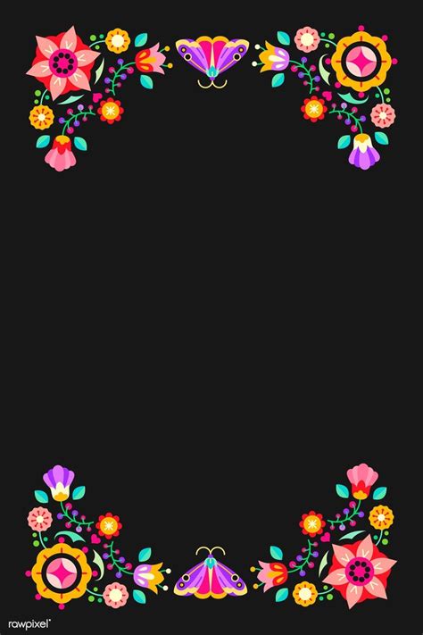 Flower and insect folk design element frame on black background vector ...