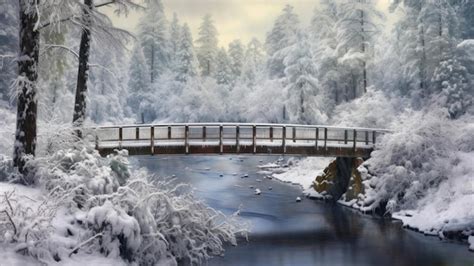 Premium AI Image | A winter scene with a bridge over a river and snow covered trees.