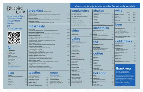 Menu at The Bluebird Cafe, Coniston