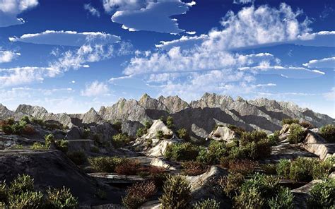 Majestic knife edge mountains, cliffs, foothills, bushes, clouds ...