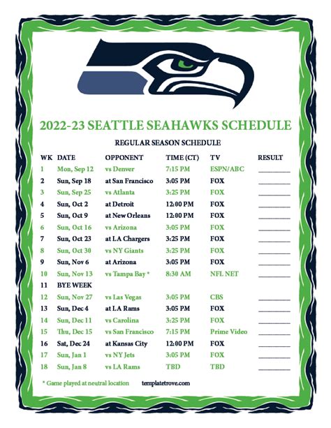 Seattle Seahawks Printable Schedule 2023-24