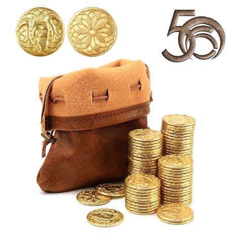 Buy 50 PCS Gold Coins & PU Leather Bag, DND Metal Coins, Fantasy Coins Treasure for Board Games ...