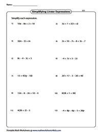 Simplifying Algebraic Expression Worksheets