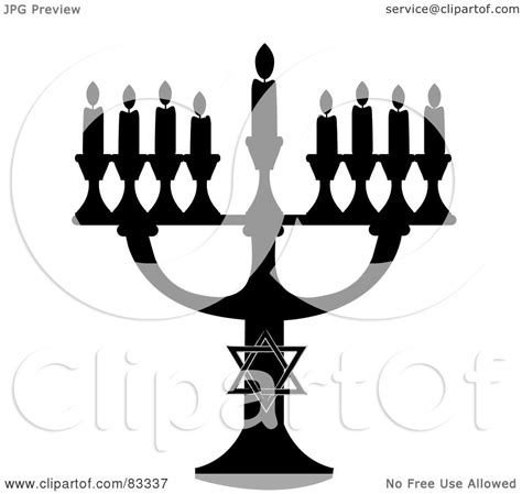 Royalty-Free (RF) Clipart Illustration of a Black Silhouetted Jewish Menorah With Nine Lit ...