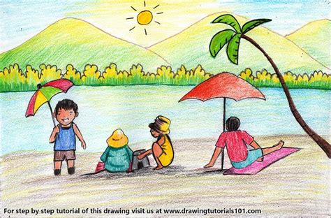 DrawingTutorials101.com | Beach drawing, Beach scene painting, Scene drawing