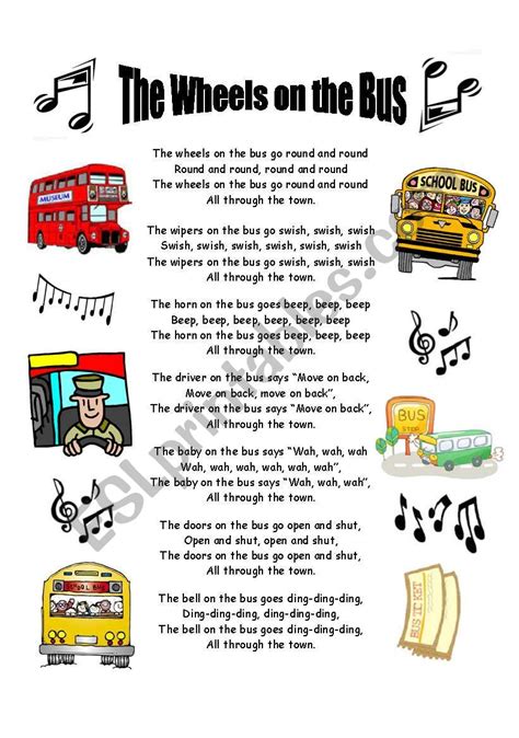 The wheels on the bus - lyric sheet - ESL worksheet by sarahlandrygan