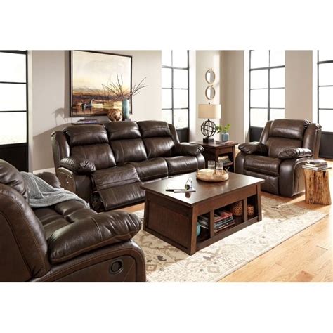 Ashley Branton 3 Piece Leather Power Reclining Sofa Set in Antique ...