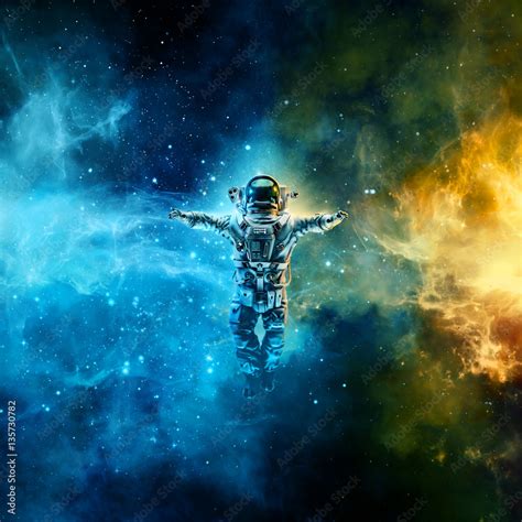 ภาพประกอบสต็อก Astronaut in space / 3D illustration of astronaut floating in space between ...