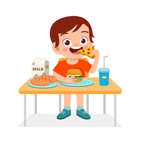 Premium Vector | Happy cute kid boy eat fast food