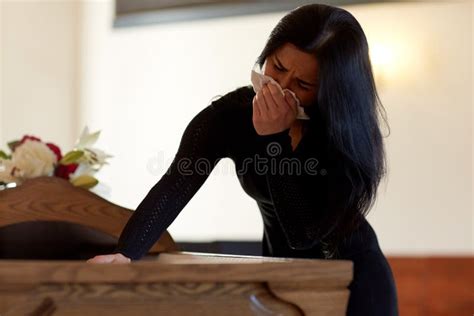 Woman with Coffin Crying at Funeral in Church Stock Image - Image of ...