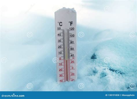 Thermometer on Snow Shows Freezing Temperature in Celsius or Farenheit Stock Photo - Image of ...