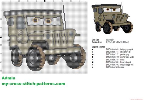 Sarge a character from Disney Cars cross stitch pattern - free cross stitch patterns simple ...