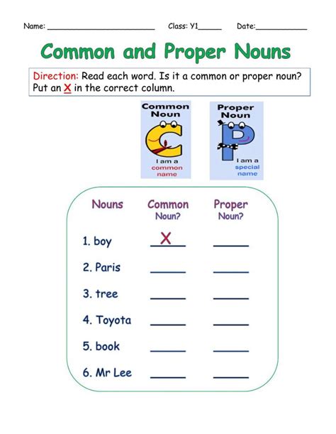 Common and Proper Nouns Worksheet for Grade 1