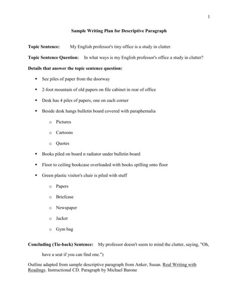 Sample Outline for Descriptive Paragraph