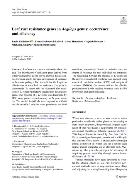 (PDF) Leaf rust resistance genes in Aegilops genus: occurrence and efficiency