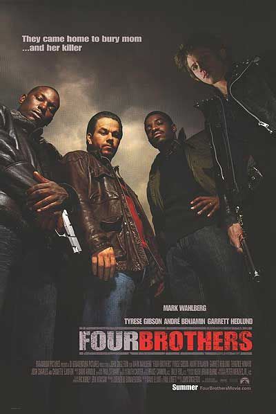 three men standing next to each other in front of a movie poster for four brothers