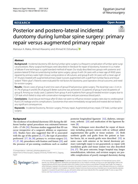 (PDF) Posterior and postero-lateral incidental durotomy during lumbar spine surgery: primary ...