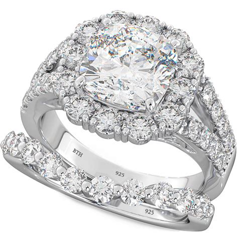 Cushion Cut CZ Halo 925 Silver Wedding Engagement Bridal Ring Set