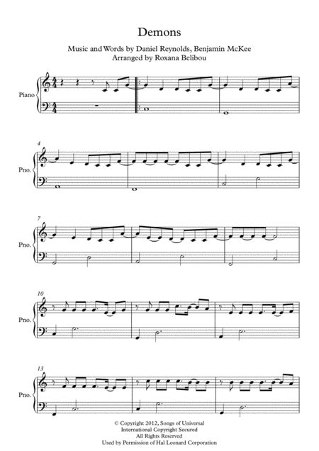 Demons (arr. Roxana Belibou) by Imagine Dragons Sheet Music for Easy Piano at Sheet Music Direct