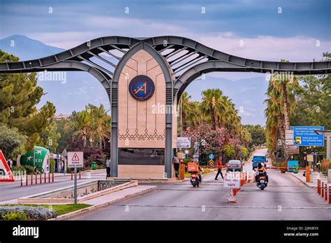 28 June 2022, Antalya, Turkey: Road and architectural gates at the entrance to Akdeniz ...