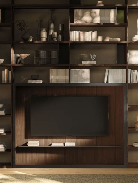 ANTIBES SYSTEMS Sectional wall-mounted wooden bookcase with TV stand By Boffi | design Piero Lissoni