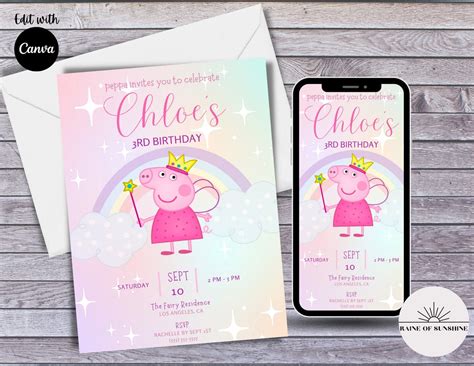 Pig Rainbow Sparkles Pink Birthday Party Invitation Theme Editable ...