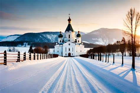 Premium Photo | A church in the snow with a mountain in the background.