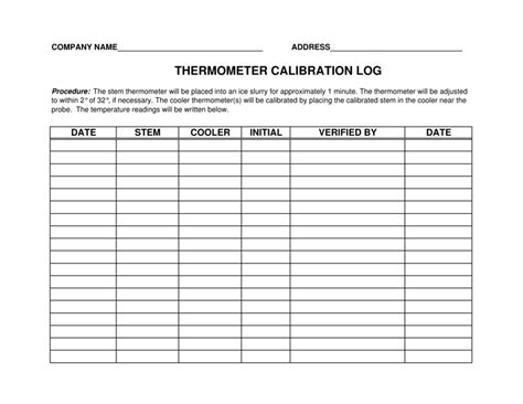 Printable Calibration Log Sheet